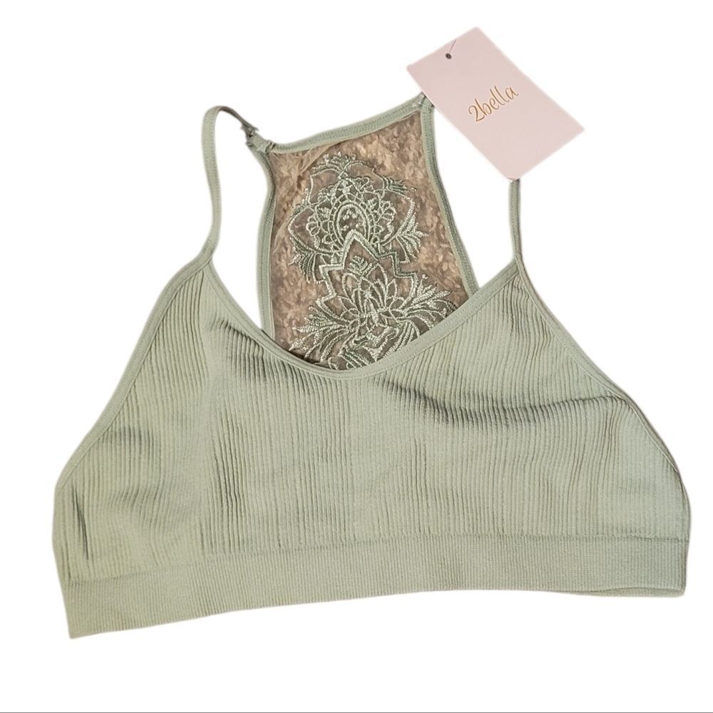 2Bella Sage Green Lace Sheer Ribbed Bralette Size XS NWT